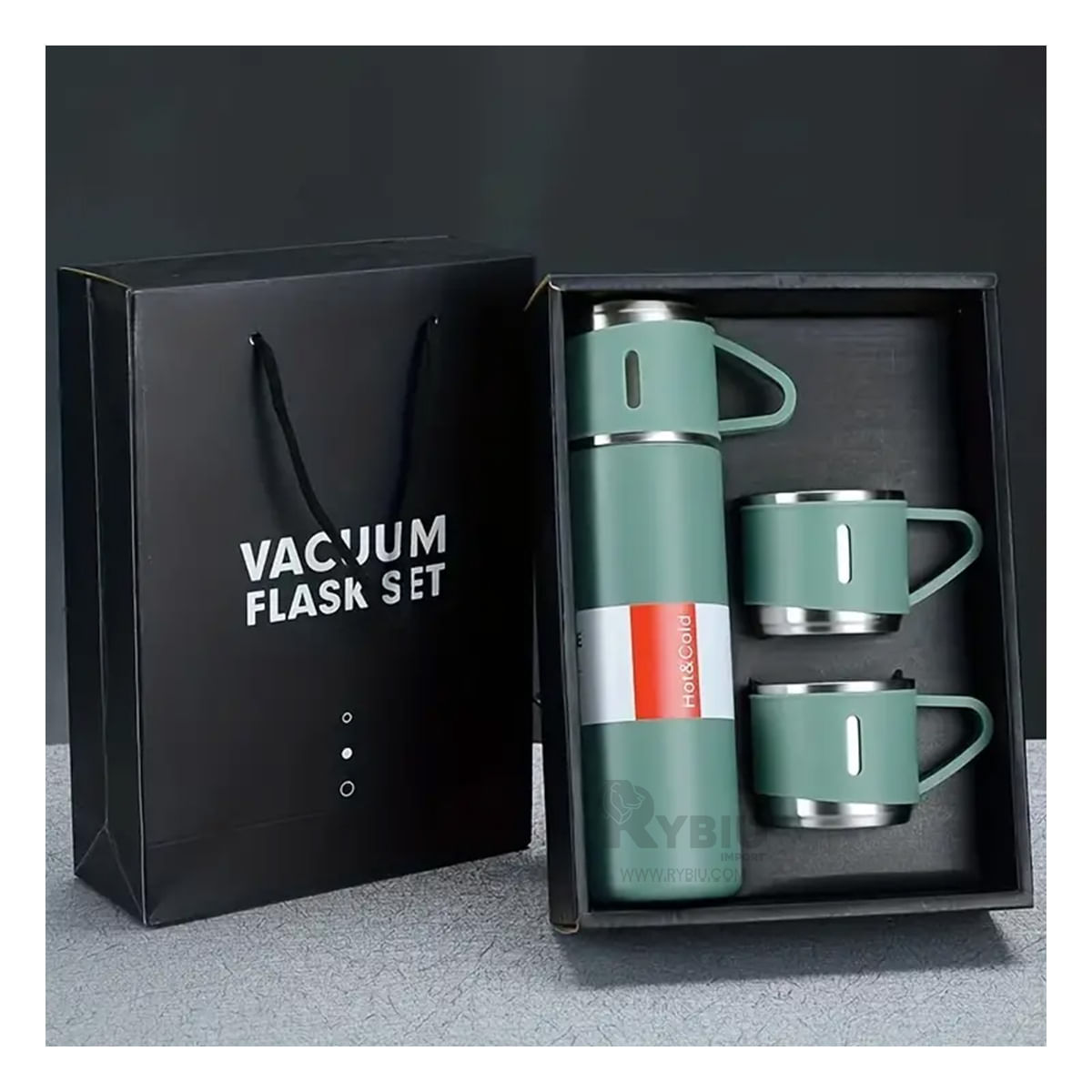 Termo Diseño Termico 2 Tazas en Verde Y+Papel de Regalo