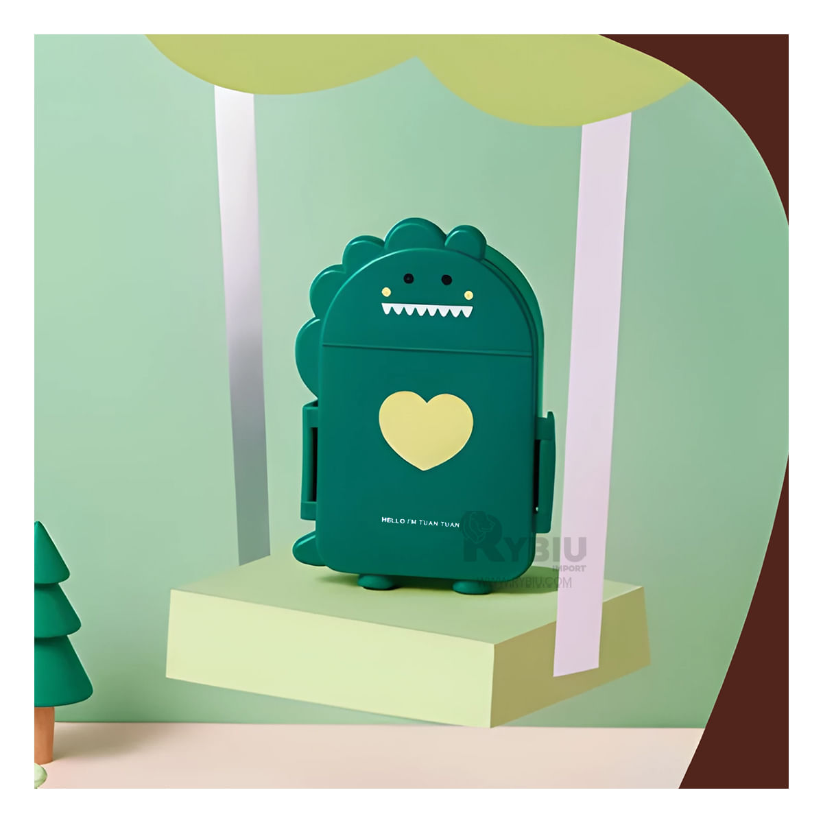 Taper Practico de Dino con Cubiertos en Tono Verde