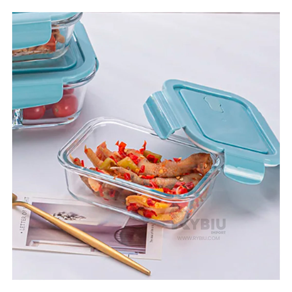 Taper Resistente de Vidrio de 1040ml con Tapa Color Celeste