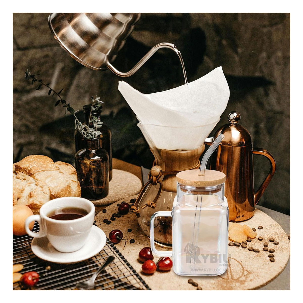 Vaso Rectangular con Tapa y Popote Transparente