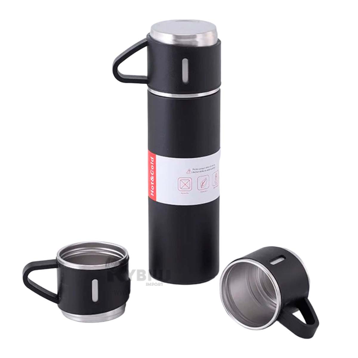 Termo Practico con Tazas de Color Negro Y+Stickers