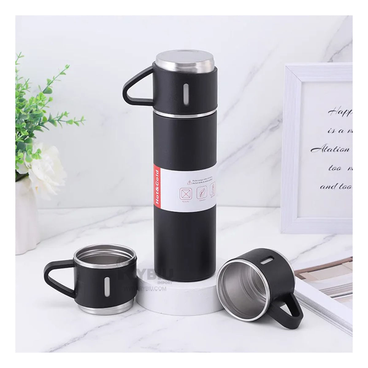 Termo Termico con 2 Tazas en Color Negro Y+Papel de Regalo