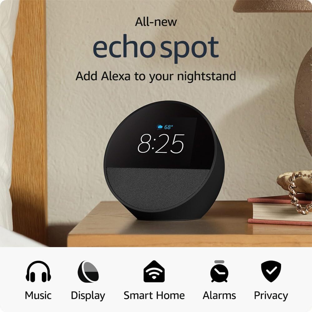 ALTAVOZ INTELIGENTE ECHO SPOT CON RELOJ 2024 AMAZON | NEGRO