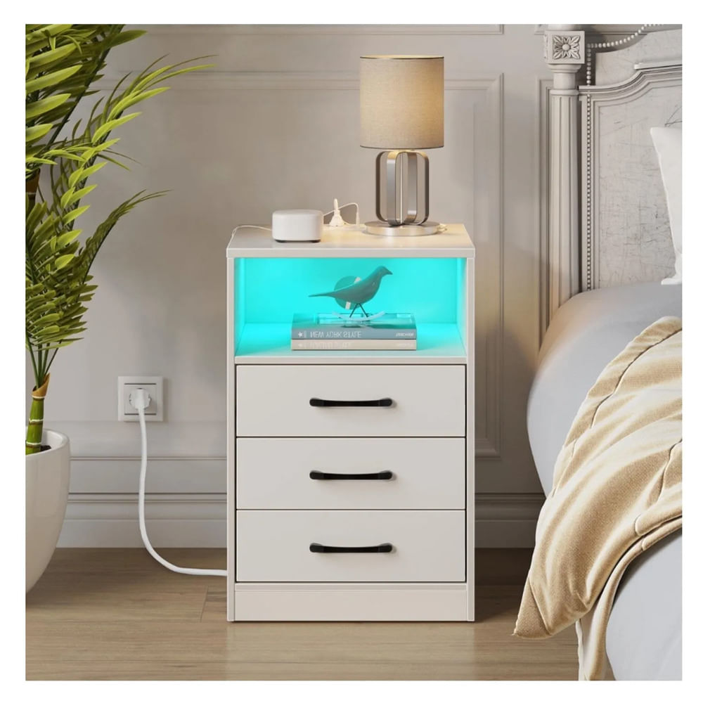 Velador Multifuncional con Luz y Panel de Enchufes Lumi Blanco TU MESITA