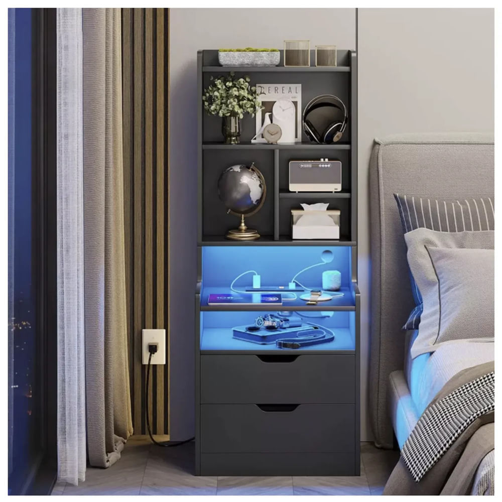 Velador Alto con Luz LED y Panel de Carga Eduardo Color Grafito TU MESITA