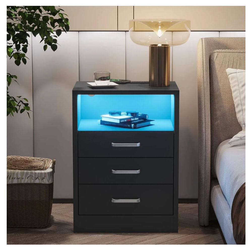 Velador Neo Black de 3 Cajones con Luz LED y Panel de Enchufes TU MESITA
