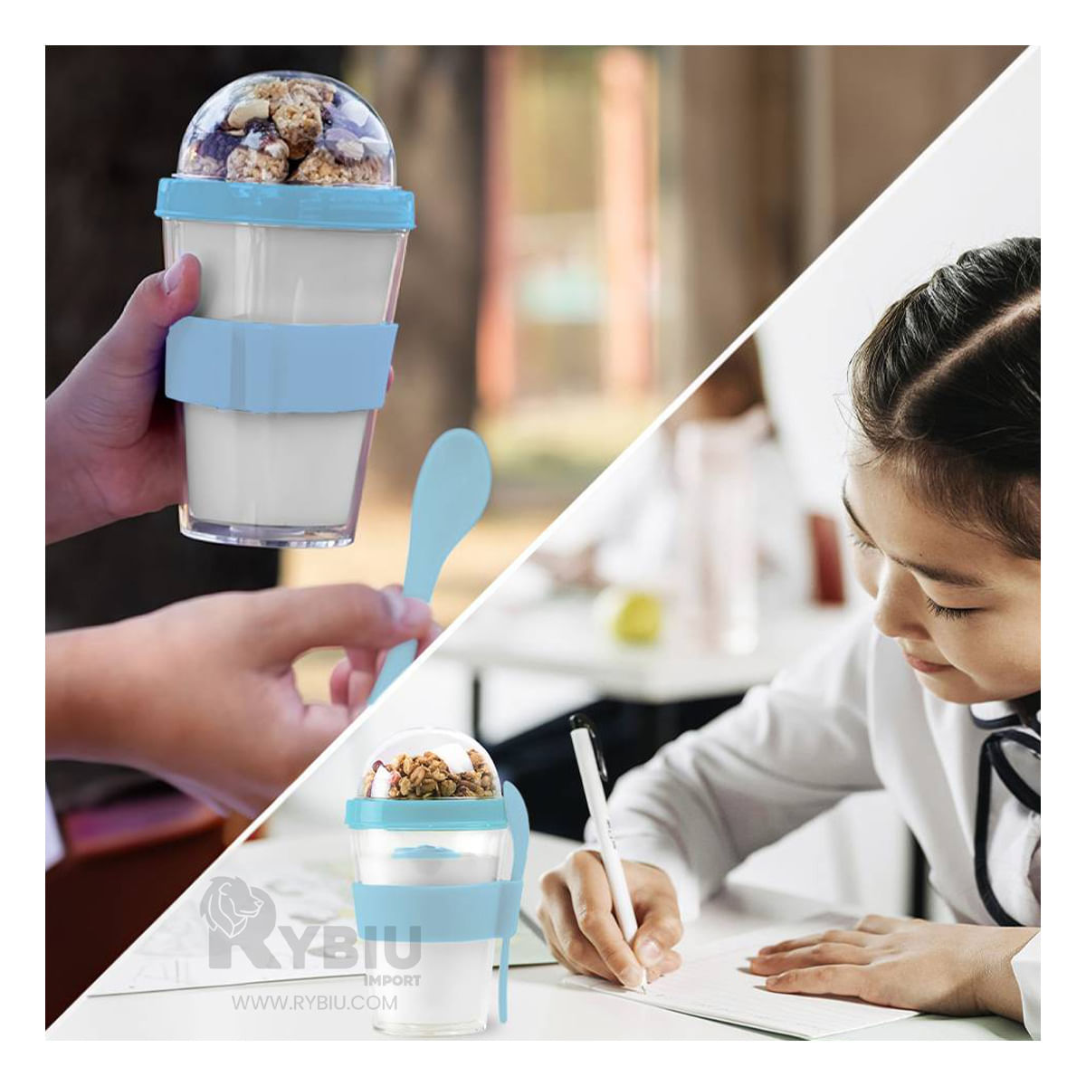 Vaso Movil para Frutos Secos y Yogurt Celeste Y+Stickers