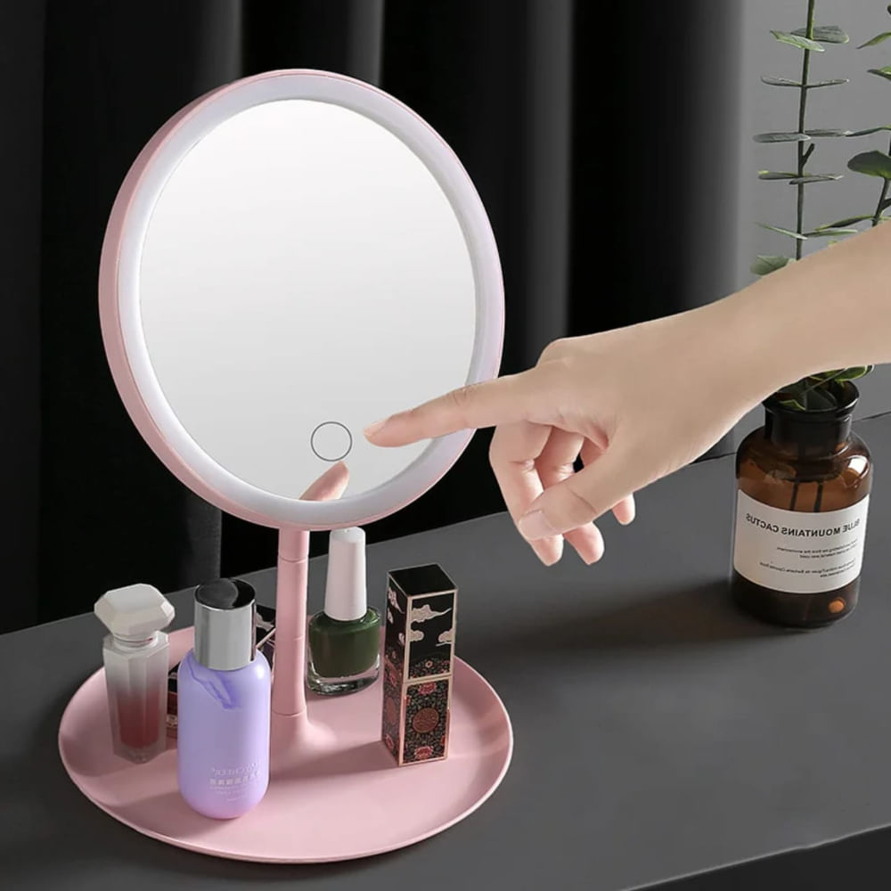 Espejo para Maquillaje con Luz LED Redondo - Rosado