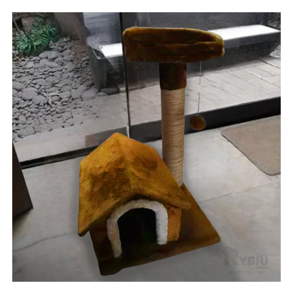 Gym de Dos pisos en Forma de Casa para Gato de Color Mostaza Gym de Dos pisos en Forma de Casa para Gato de Color Mostaza