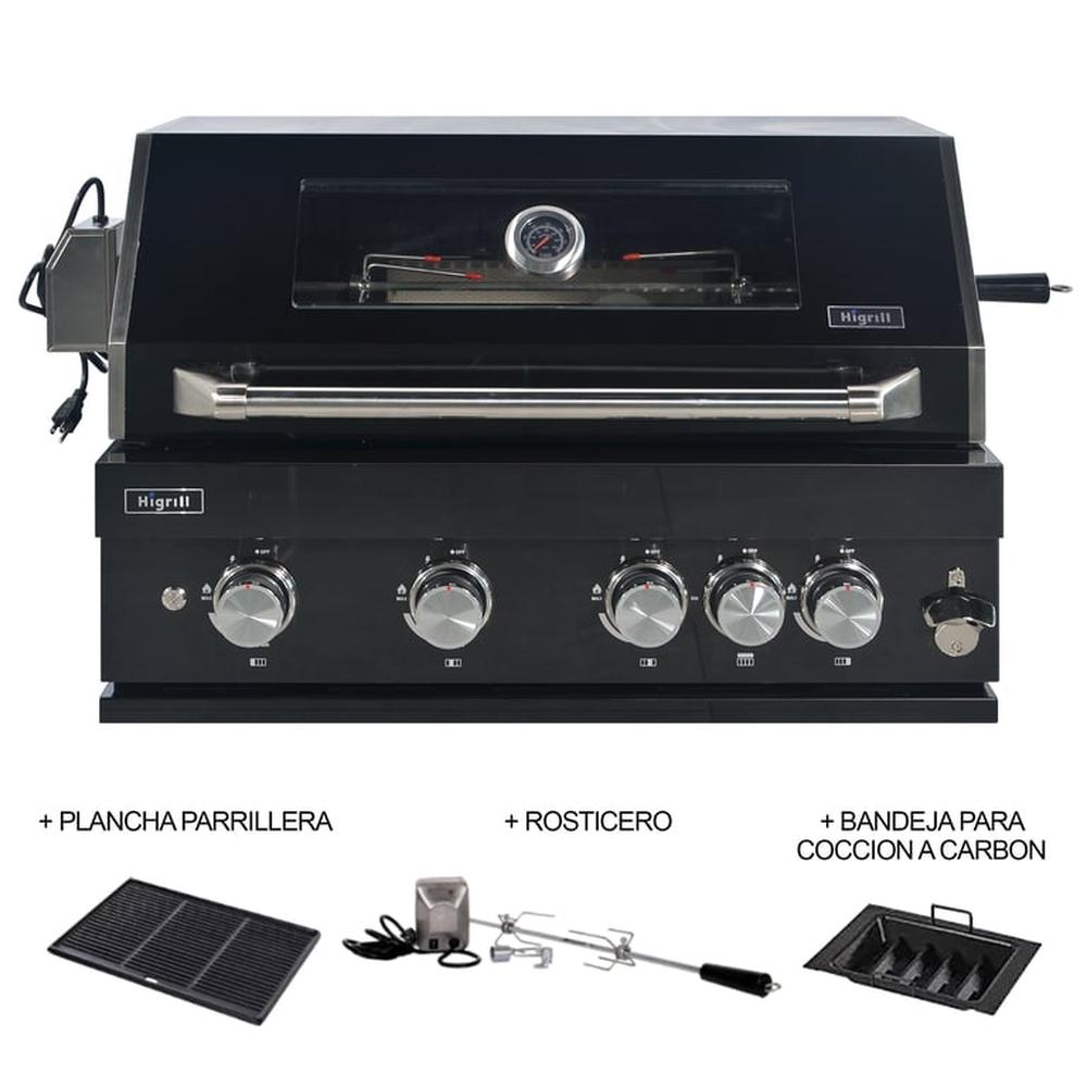 Parrilla a Gas Empotrable Con Rosticero Giratorio Carbonera y Plancha