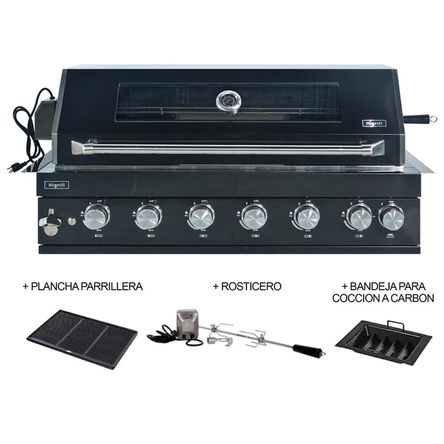 Parrilla a Gas Empotrable con Rosticero Giratorio Carbonera y Plancha