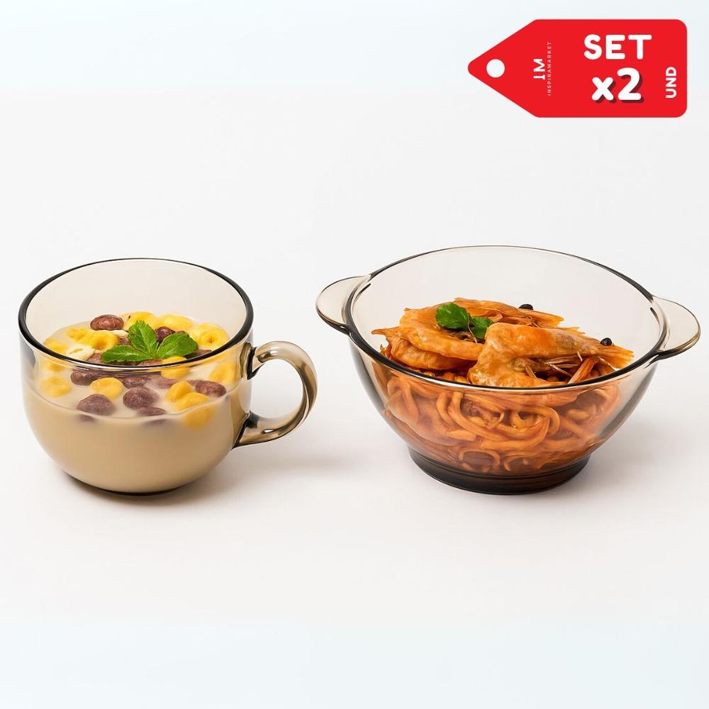 Taza y Plato Bowl de vidrio Set Marron Transparente 450ml