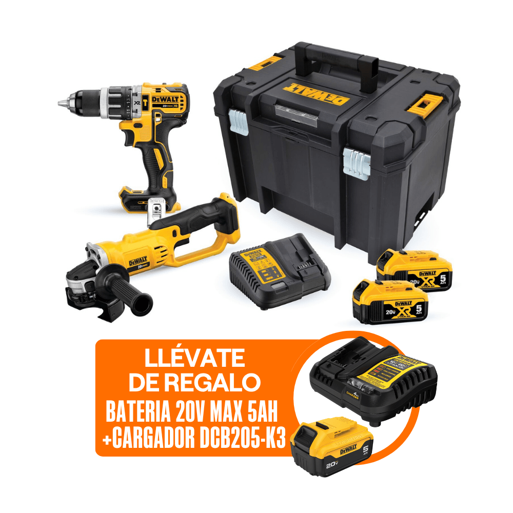 COMBO Dewalt Inalámbrico: Taladro Percutor 1/2"" 20V + Esmeril Angular 4-1/2"" 20V DCK209P2T + Bateria 5.0Ah 20V Max DCB205 + Cargador