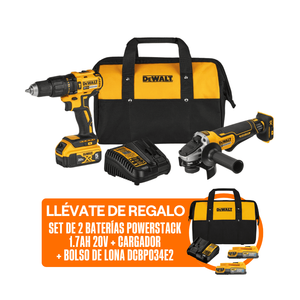 COMBO Dewalt Inalámbrico: Taladro Percutor + Esmeril Angular + Batería 5Ah DCK248P1 + Set 2 Baterías Powerstack 20V 1.7AH + Cargador + Bolso de Lona