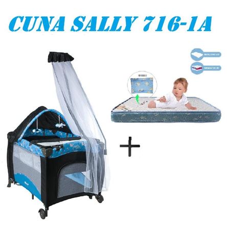 Cuna Corral Sally 716-1A Colchon Azul -Gris