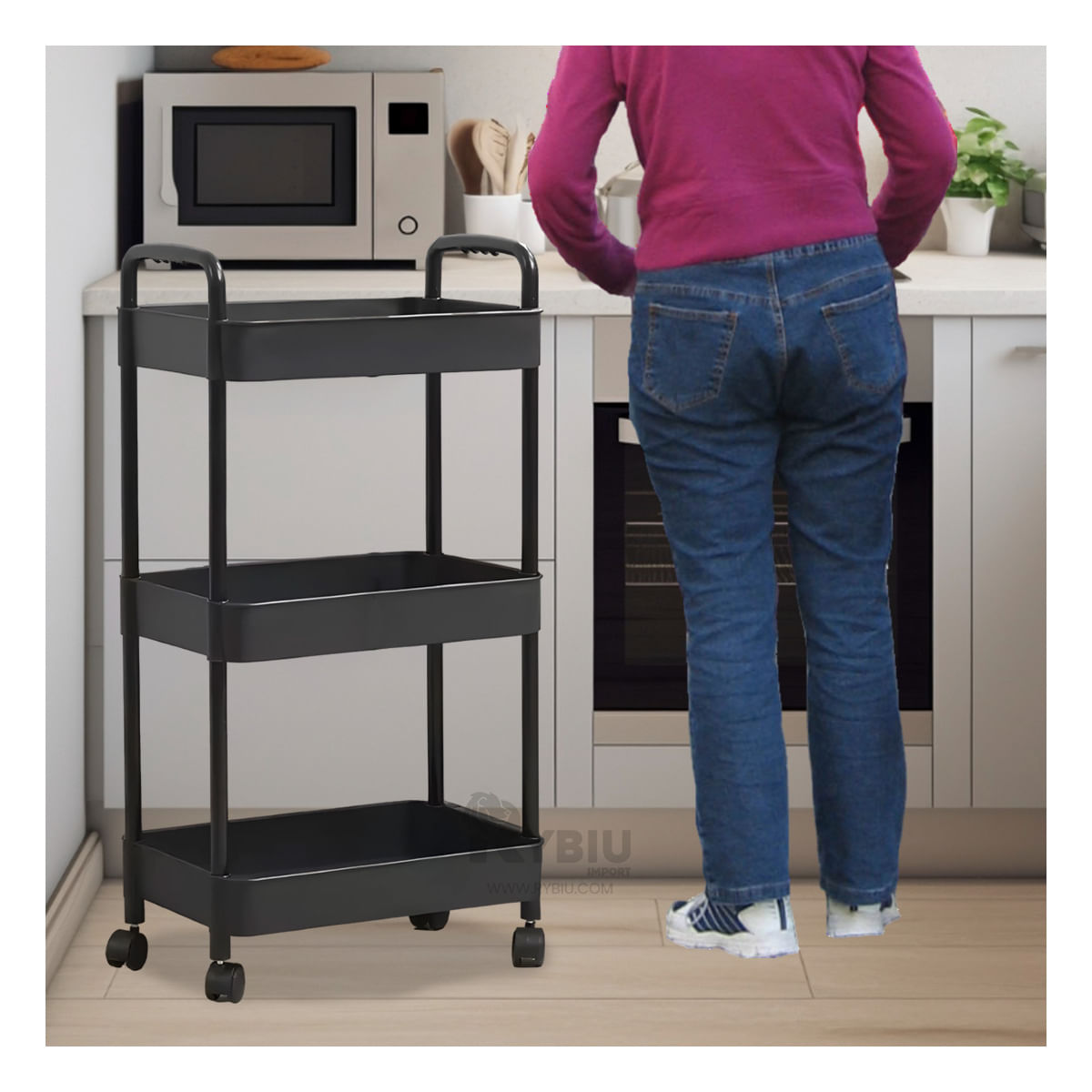 Estante de Cocina de 3 Niveles con Ruedas de Color Negro