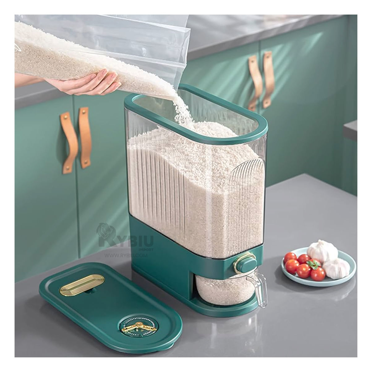 Dispensador Funcional de Arroz Color Verde Y+Stickers