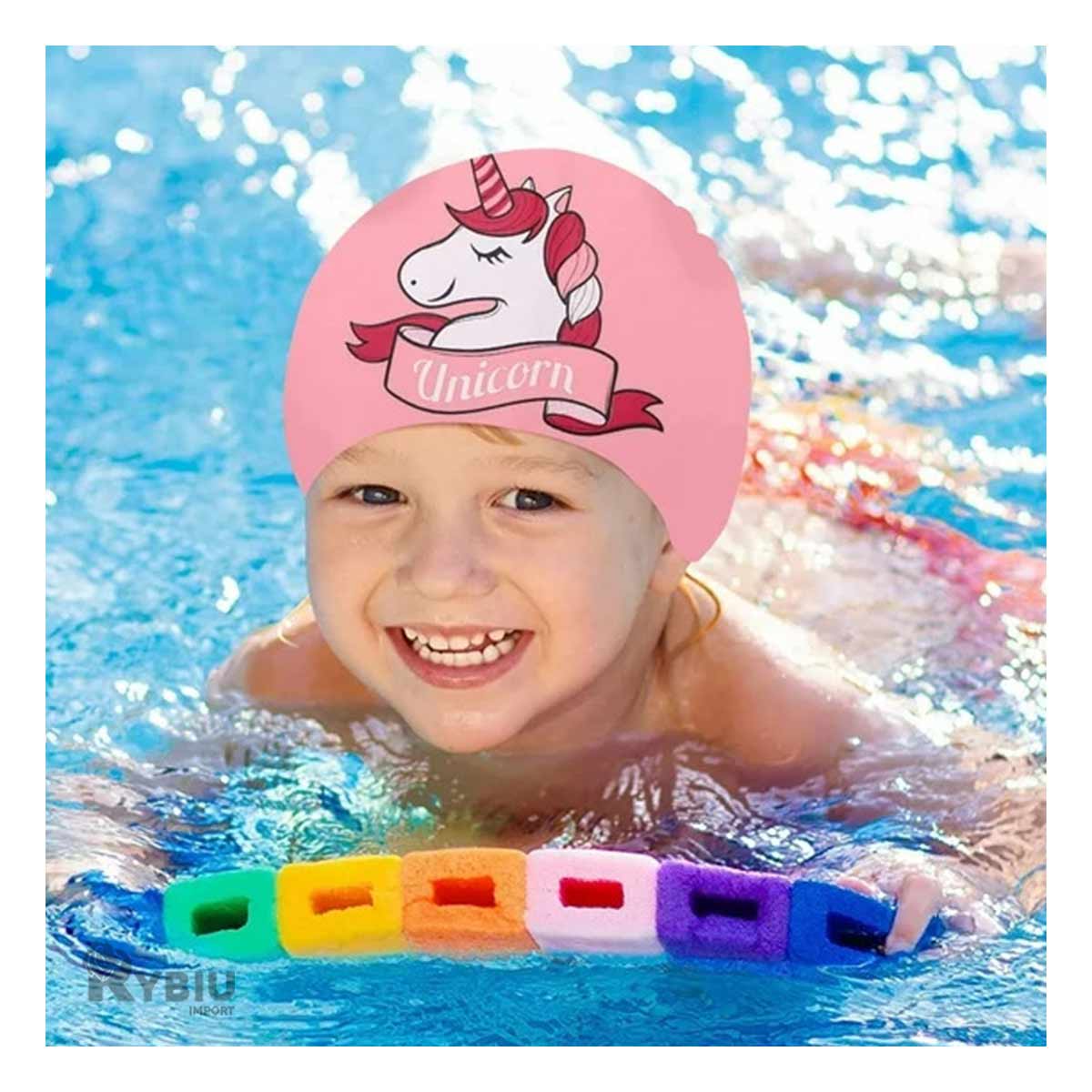 Gorro de Unicornio para Piscina en Color Rosado Y+Stickers