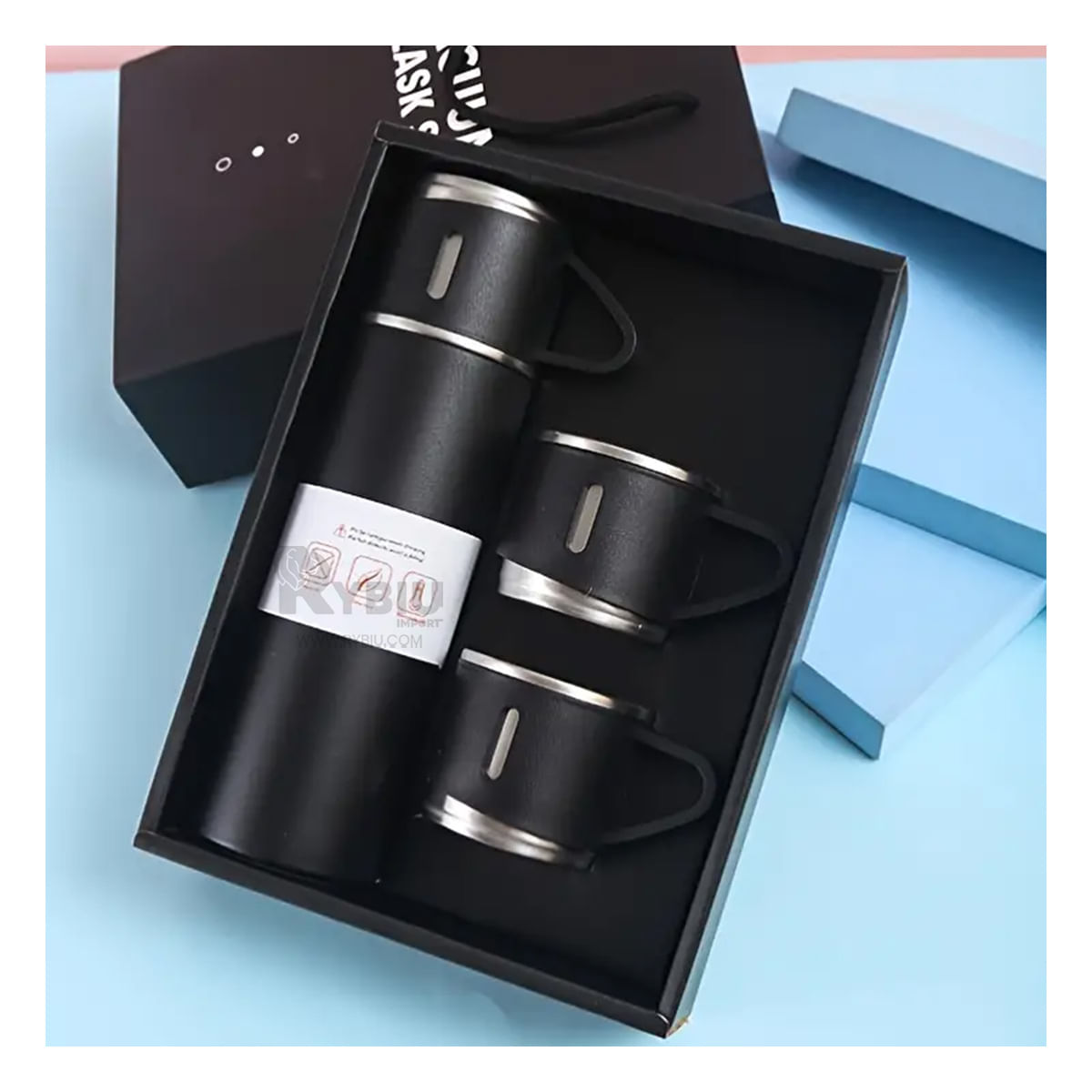 Termo Termico con 2 Tazas en Color Negro Y+Papel de Regalo