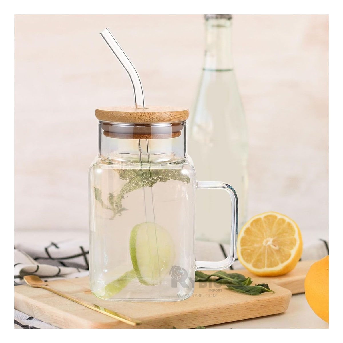 Vaso Rectangular con Tapa y Popote Transparente