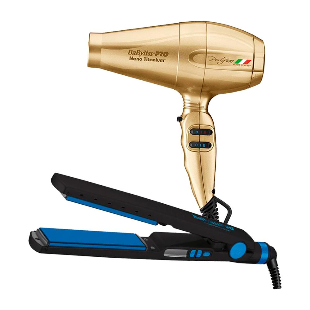 Combo BabylissPRO Alisadora Metal Blue BNTMB4091TPE y Secador Portofino Dorado