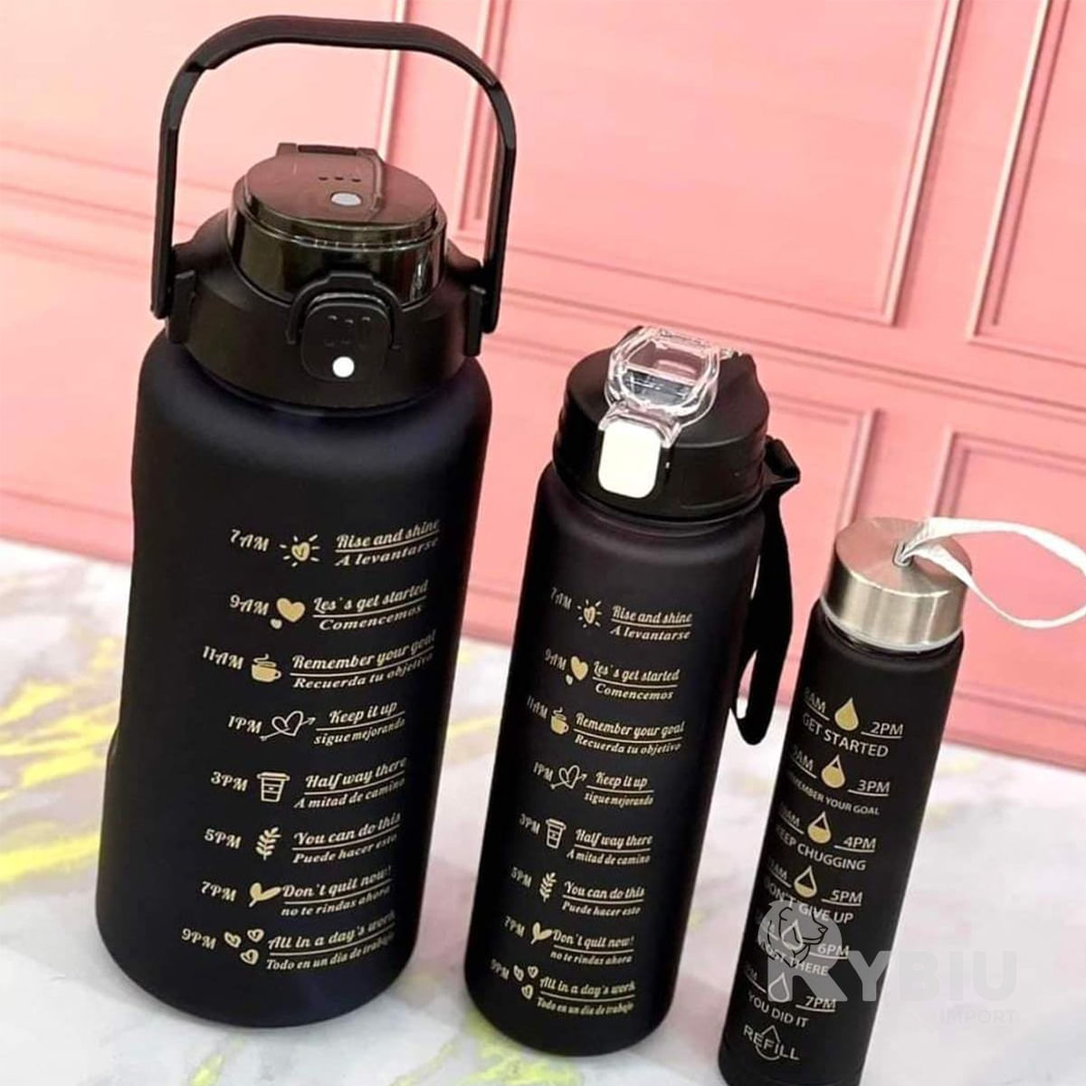 Trio de Botellas Multitamaño de Tapa Negra Y+Papel de Regalo