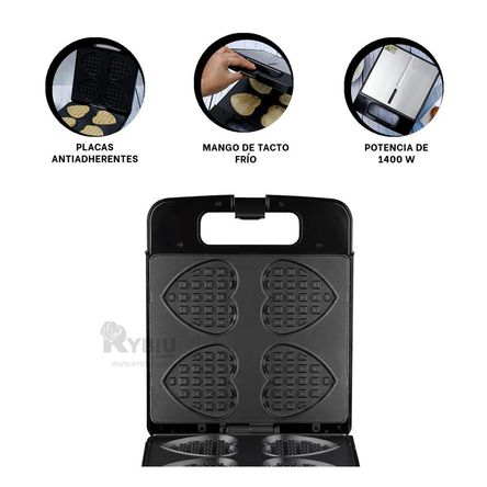 Waflera para 4 Moldes de Corazon Negro Y+Papel de Regalo