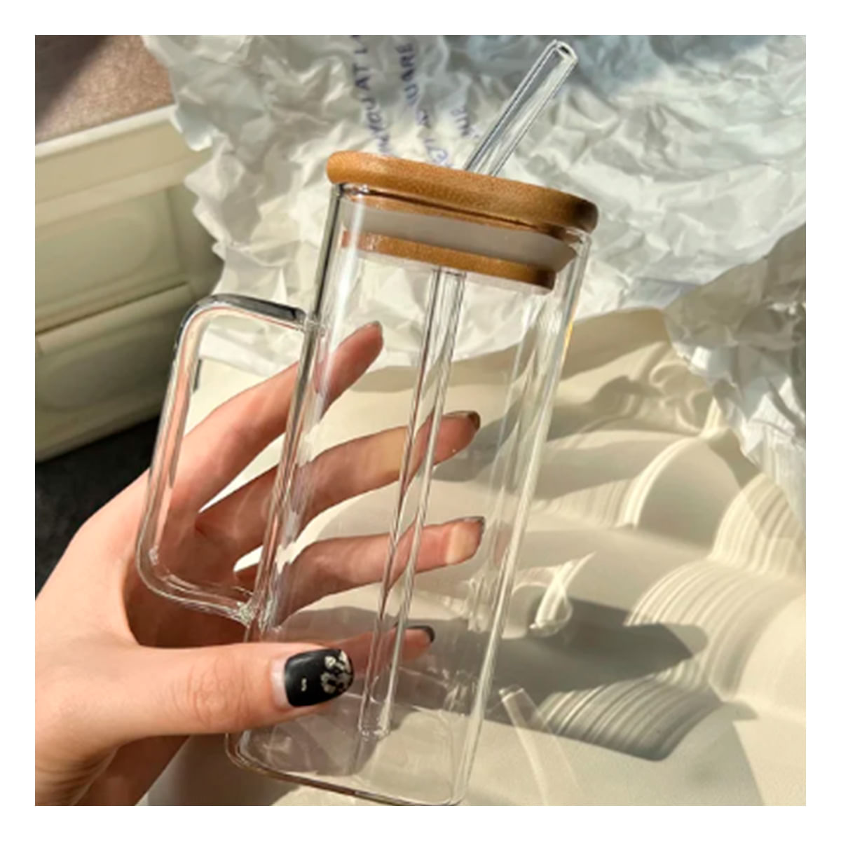Vaso Rectangular con Tapa y Popote 500ml Transparente
