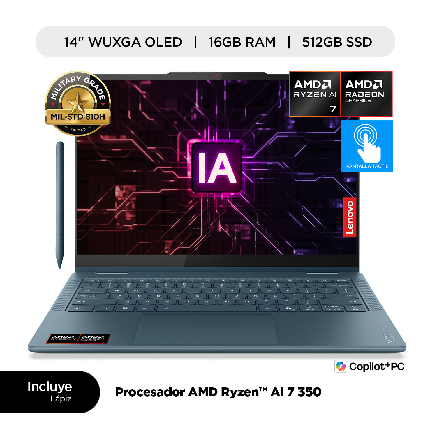 Laptop Lenovo Yoga 7 2 en 1 AMD Ryzen AI 7 350 16GB RAM 512GB SSD 14"" WUXGA Oled TOUCH + Lapiz Yoga Pen