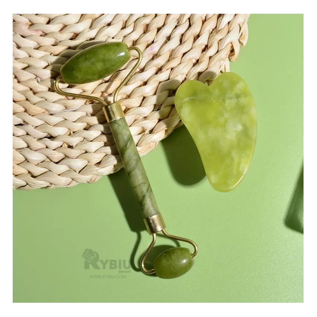 Rodillo de Masaje de Piedra de Jade Verde Y+Stickers