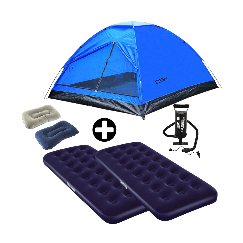 COMBO Carpa para 4 personas Ligera Dome Pack Orange + 2 Colchones Inflables para camping 1 plaza + Inflador de 30cm + 2 Almohadas Inflables Bestway
