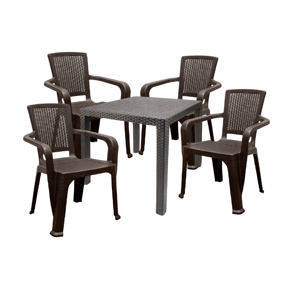 COMBO Juego de Terraza Reyplast: Mesa de Terraza Tavarua Cuadrada Ratan 75x75cm + 4 Sillas de Plástico Modelo Tahuari Marrón