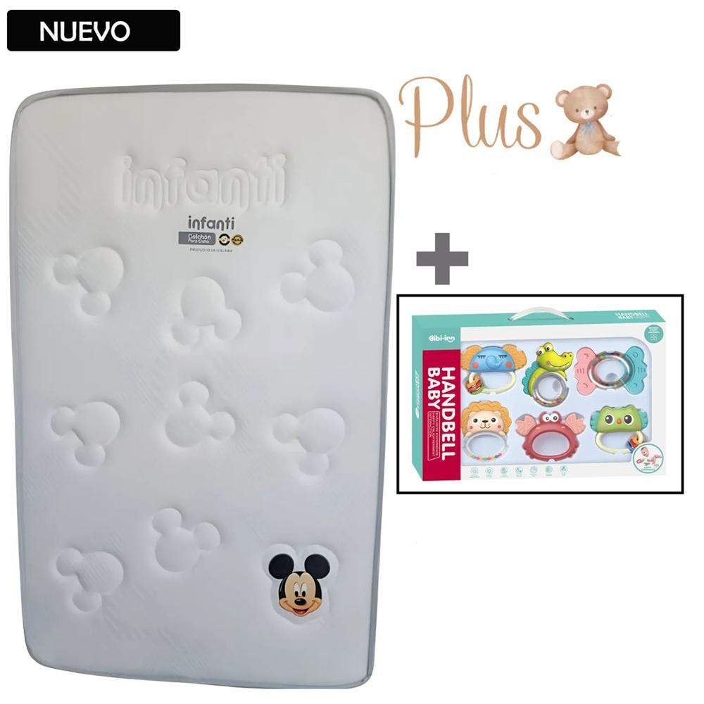 Colchón Plus para Bebé bordes Gris +Set Sonaja 6pc