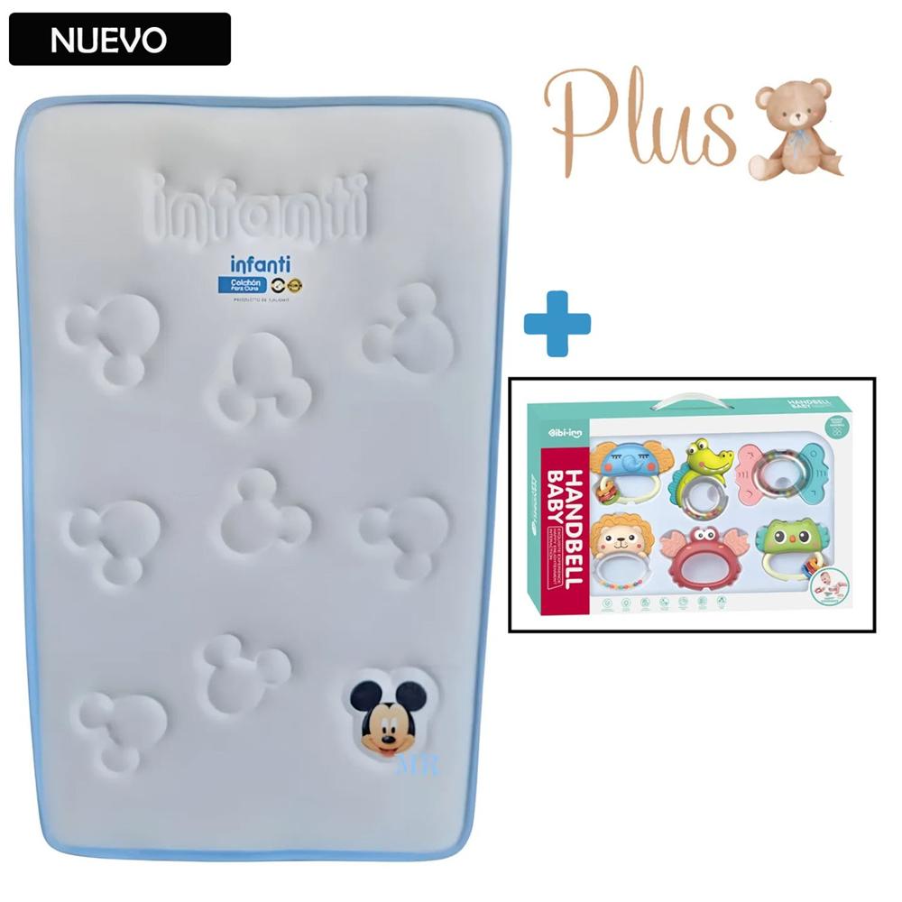 Colchón Plus para Bebé bordes Celeste +Set Sonaja 6pc