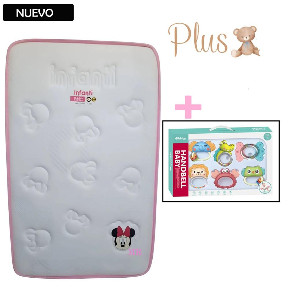 Colchón Plus para Bebé bordes Rosado +Set Sonaja 6pc