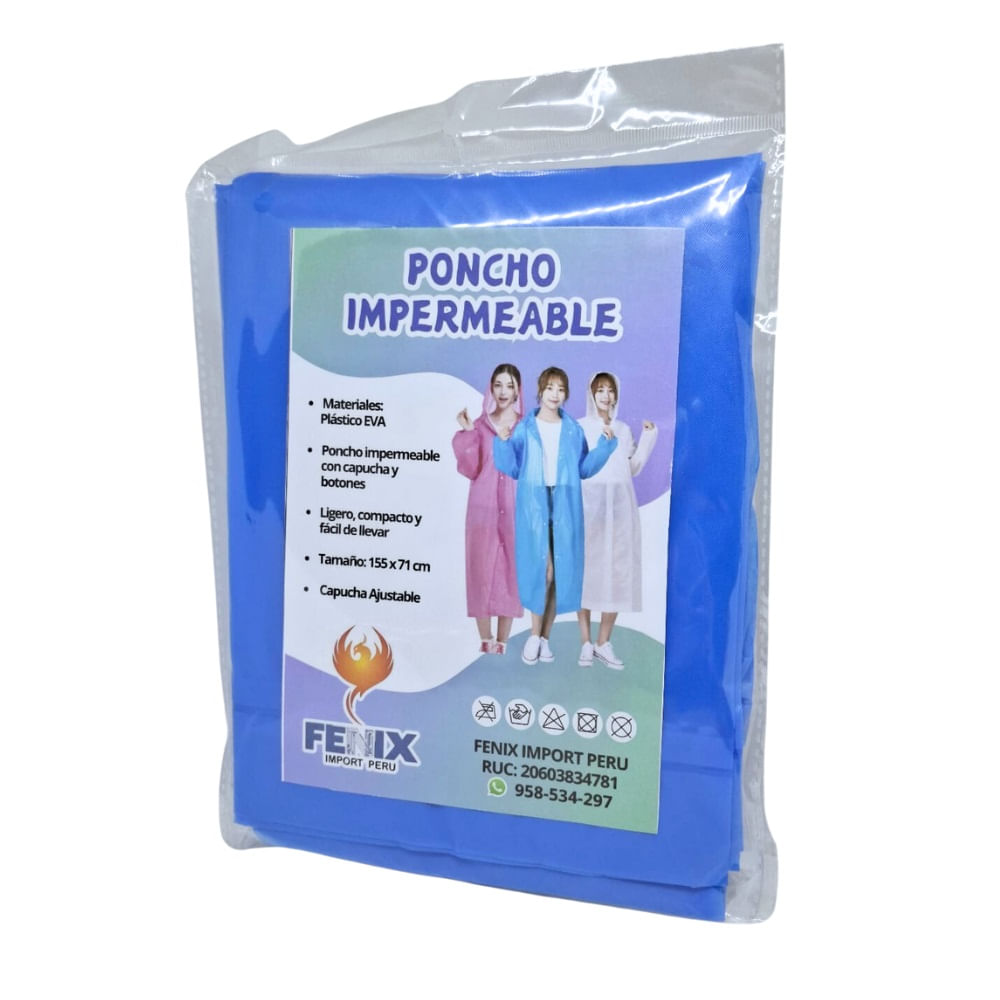 Poncho Para Lluvia Ligero Impermeable con capucha y botones - Azulino
