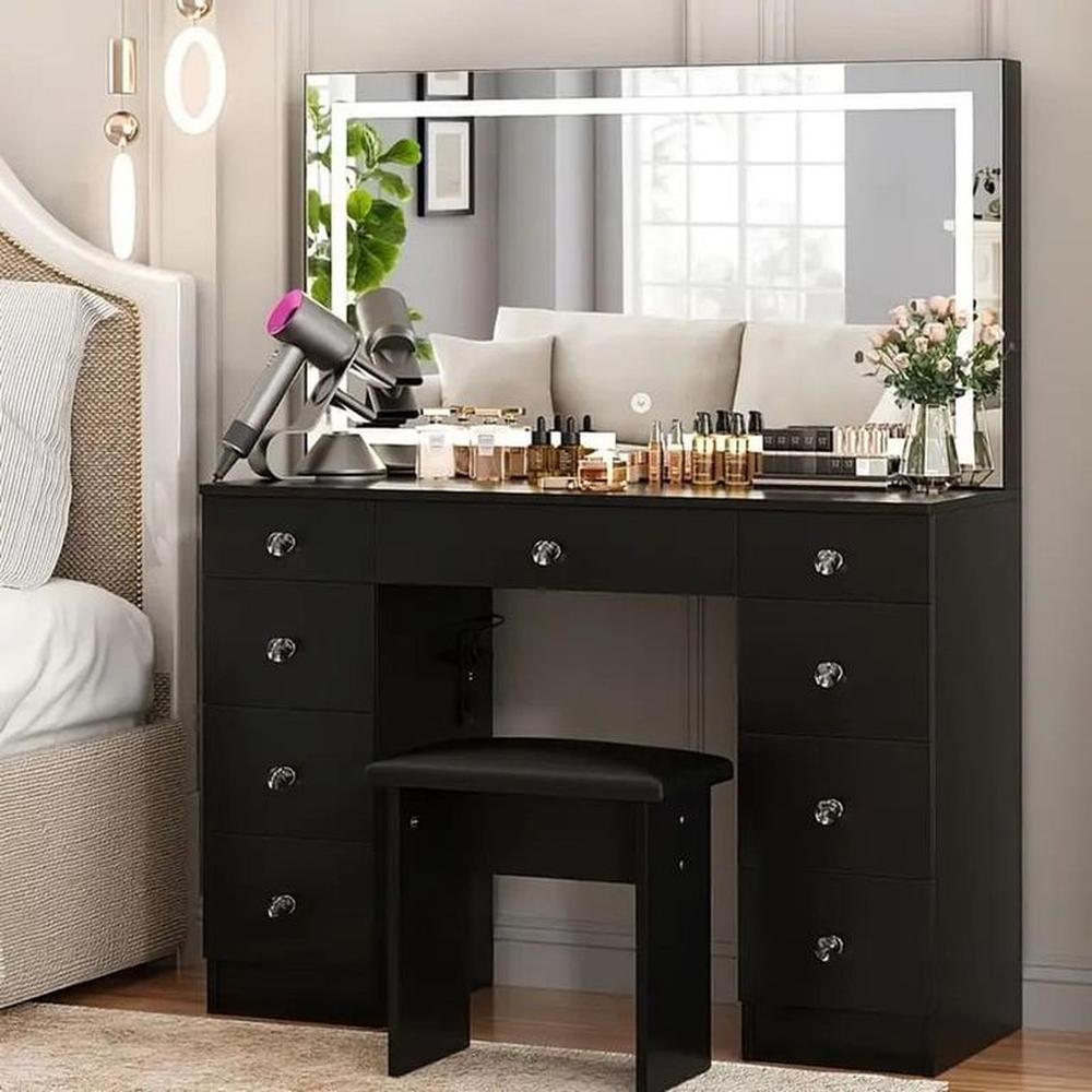 Tocador de Maquillaje con Espejo y Luces Negro 110cm Tocador de Maquillaje con Espejo y Luces Negro 110cm