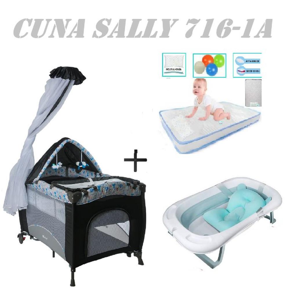 Cuna Sally 716-1A Tina Azul Colchon Gris-Celeste