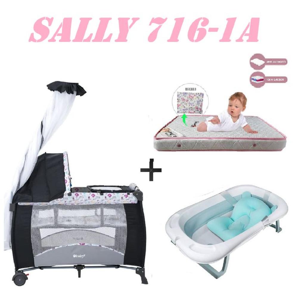 Cuna Sally 716-1A Tina Azul Colchon Rosa -Rosa