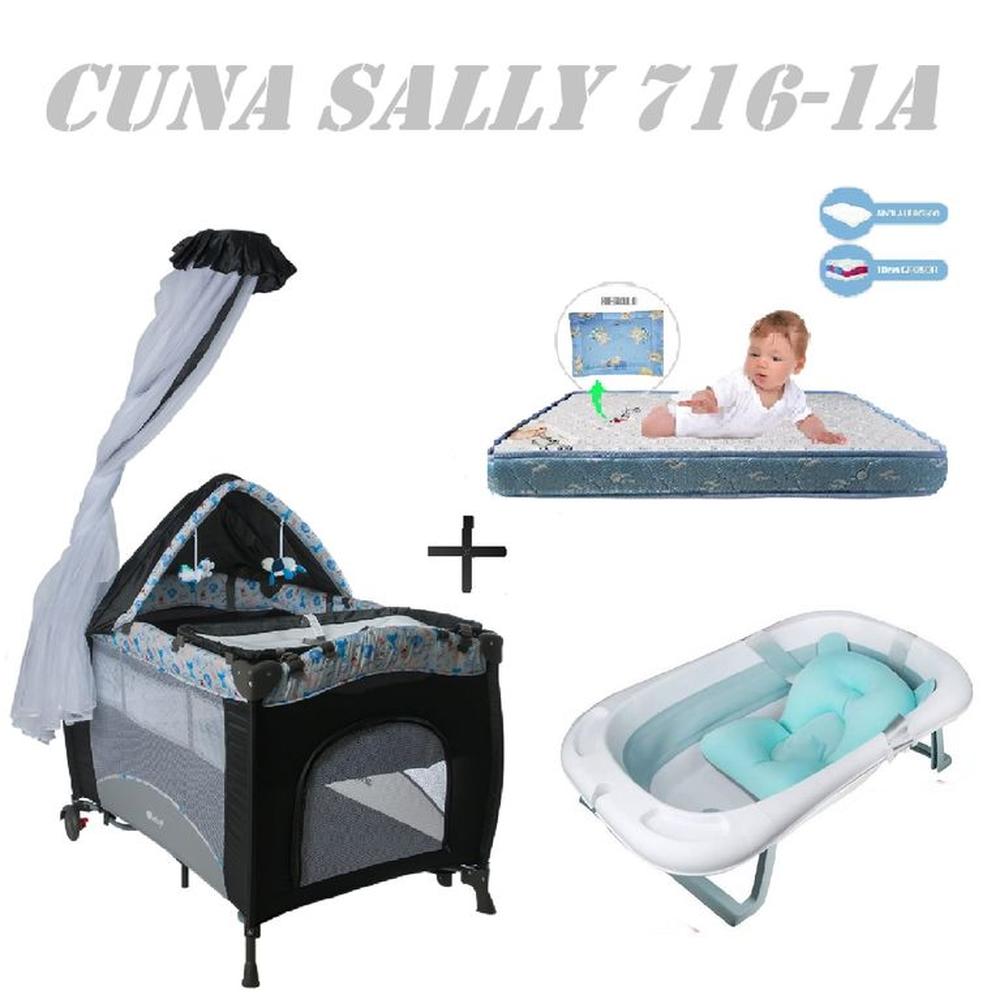 Cuna Sally 716-1A Tina Azul Colchon Gris-Azul
