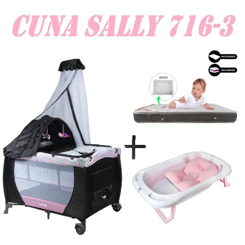 Cuna Ebaby 716-3 Sally Tina Rosa Colchon Rosa-Gris