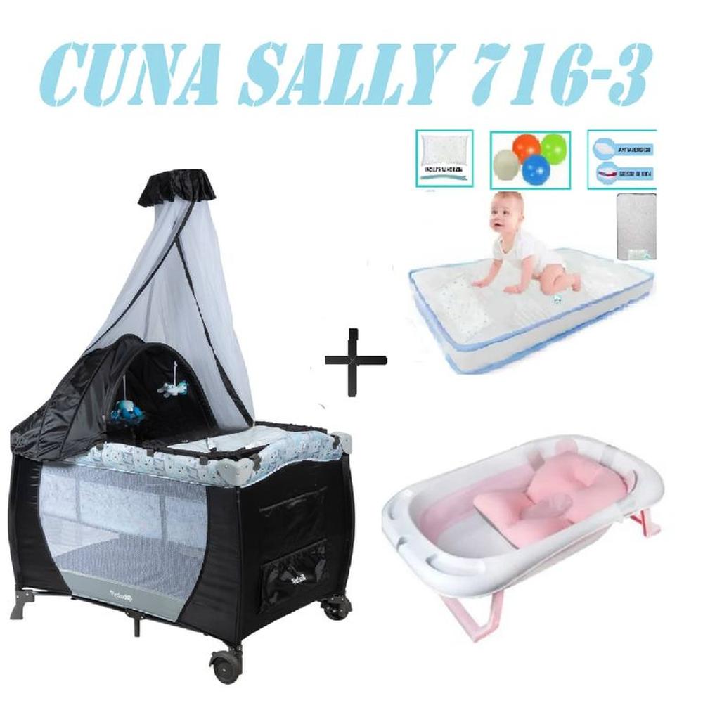 Cuna Ebaby 716-3 Sally Tina Rosa Colchon Gris-Celeste