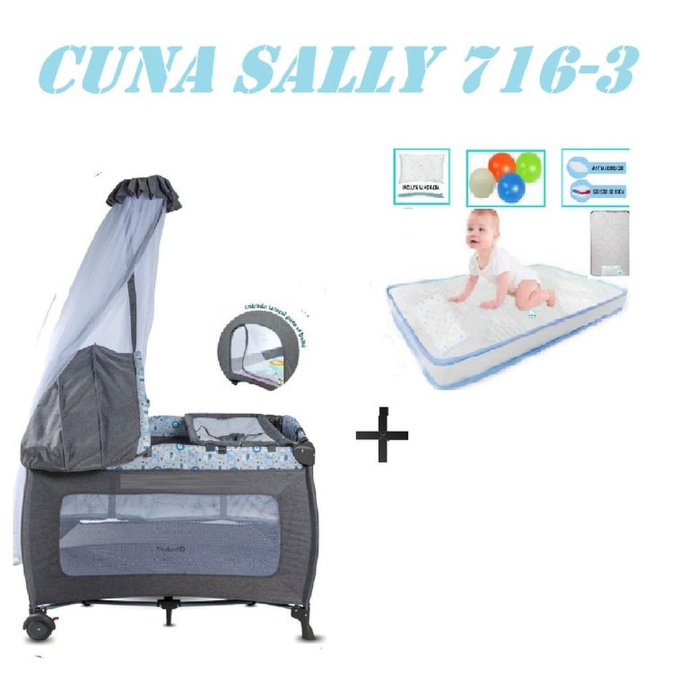 Cuna Corral Ebaby 716-3 Sally Colchon Gris-Celeste