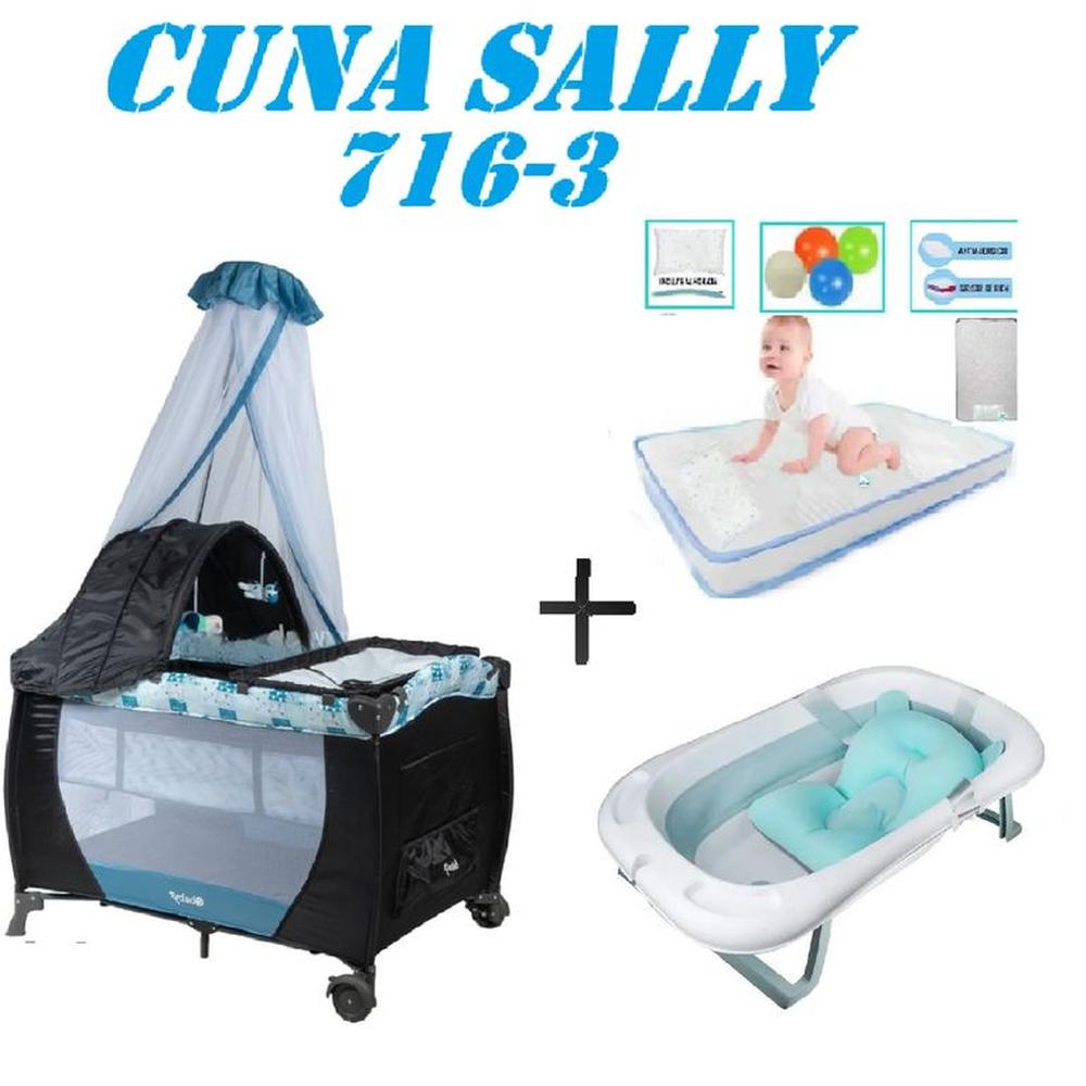 Cuna Ebaby 716-3 Sally Tina Azul Colchon Azul-Celeste