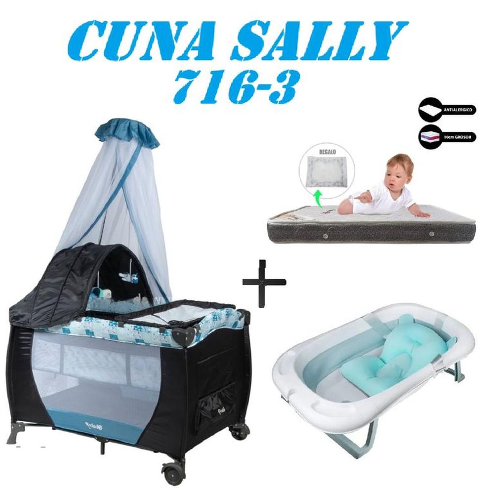 Cuna Ebaby 716-3 Sally Tina Azul Colchon Azul-Gris