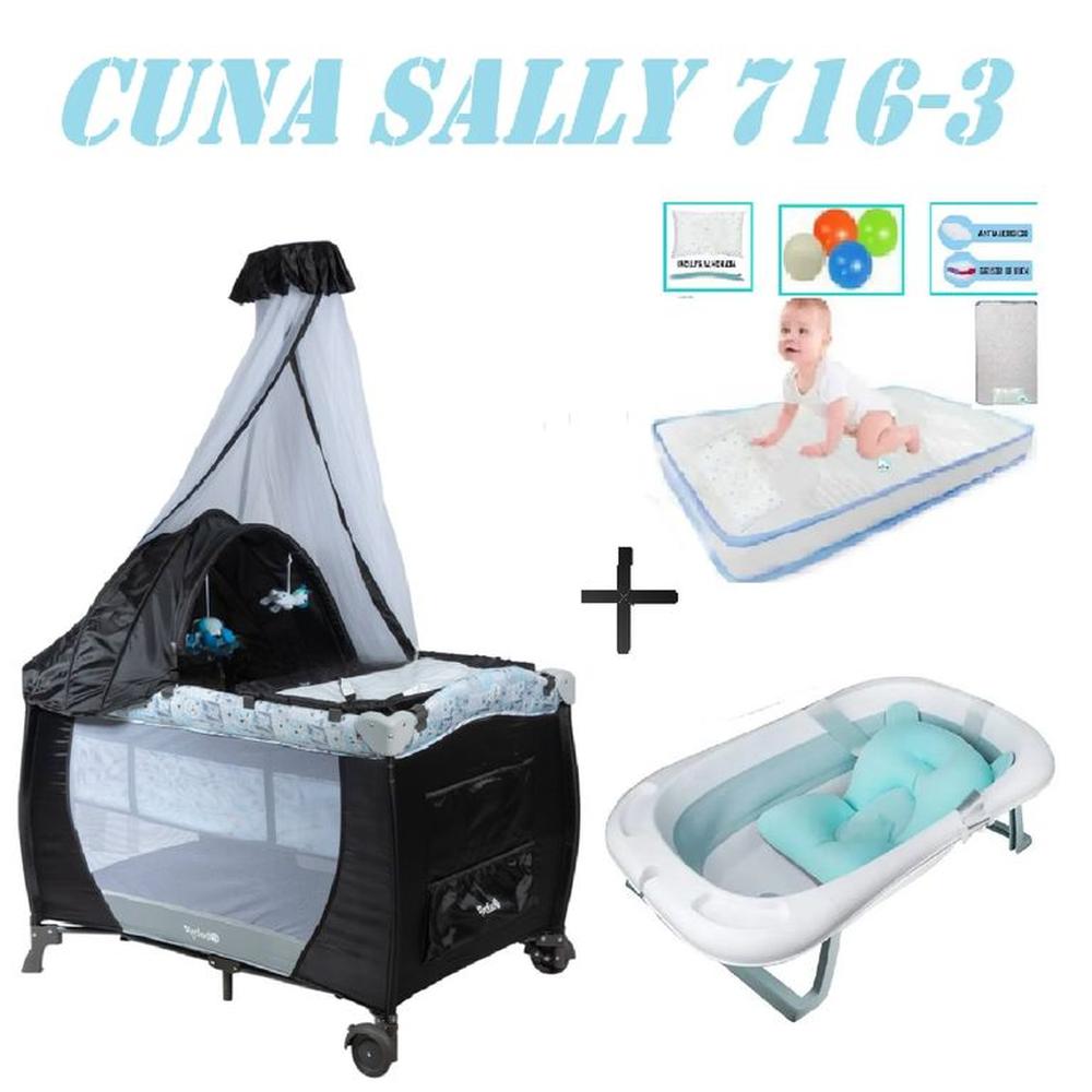 Cuna Ebaby 716-3 Sally Tina Azul Colchon Gris-Celeste
