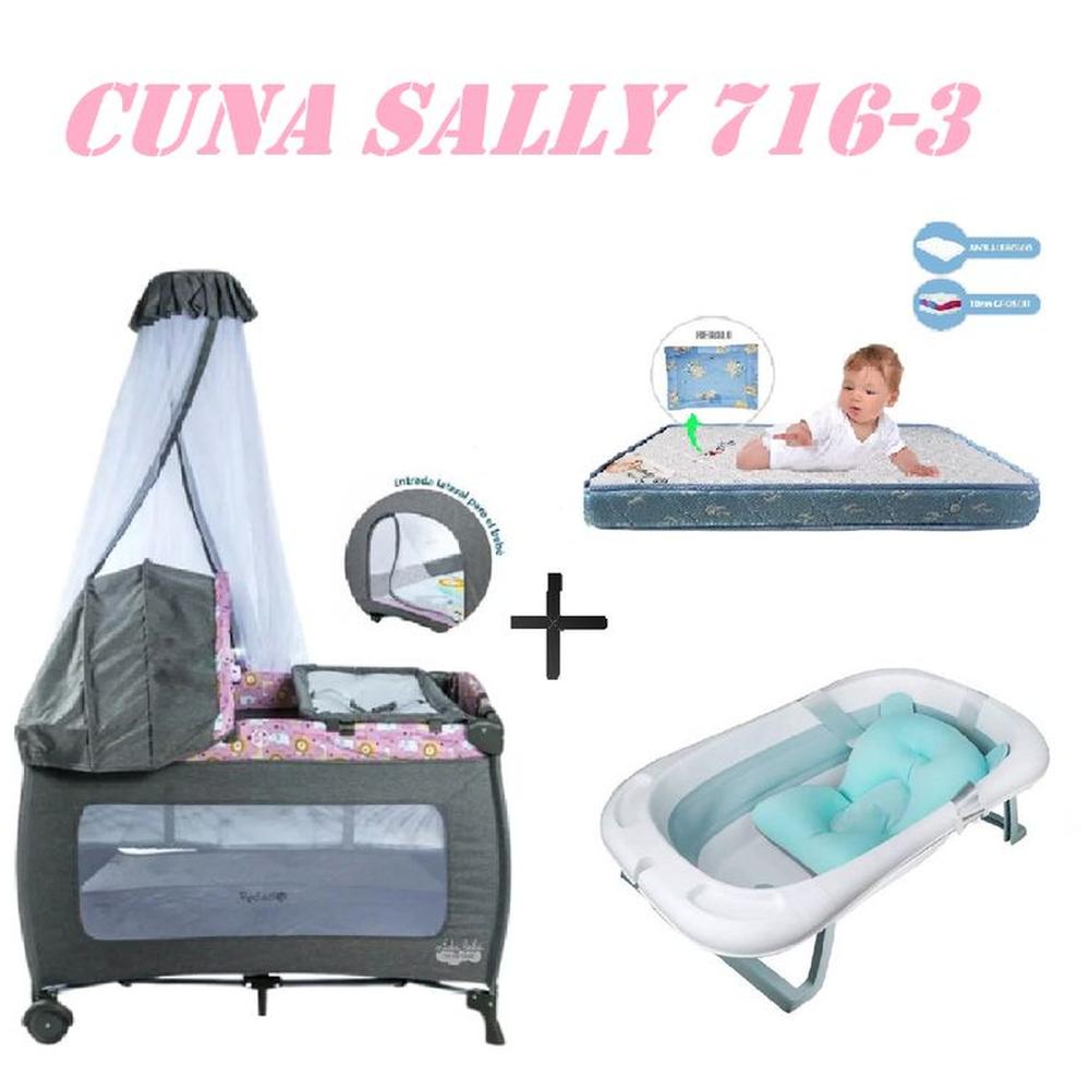 Cuna Ebaby 716-3 Sally Tina Azul Colchon Rosa-Azul