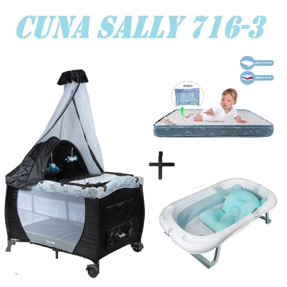 Cuna Ebaby 716-3 Sally Tina Azul Colchon Gris-Azul
