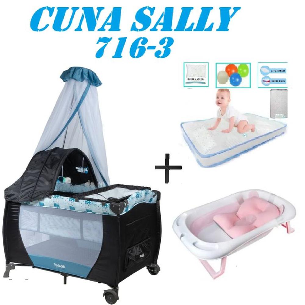 Cuna Ebaby 716-3 Sally Tina Rosa Colchon Azul-Celeste