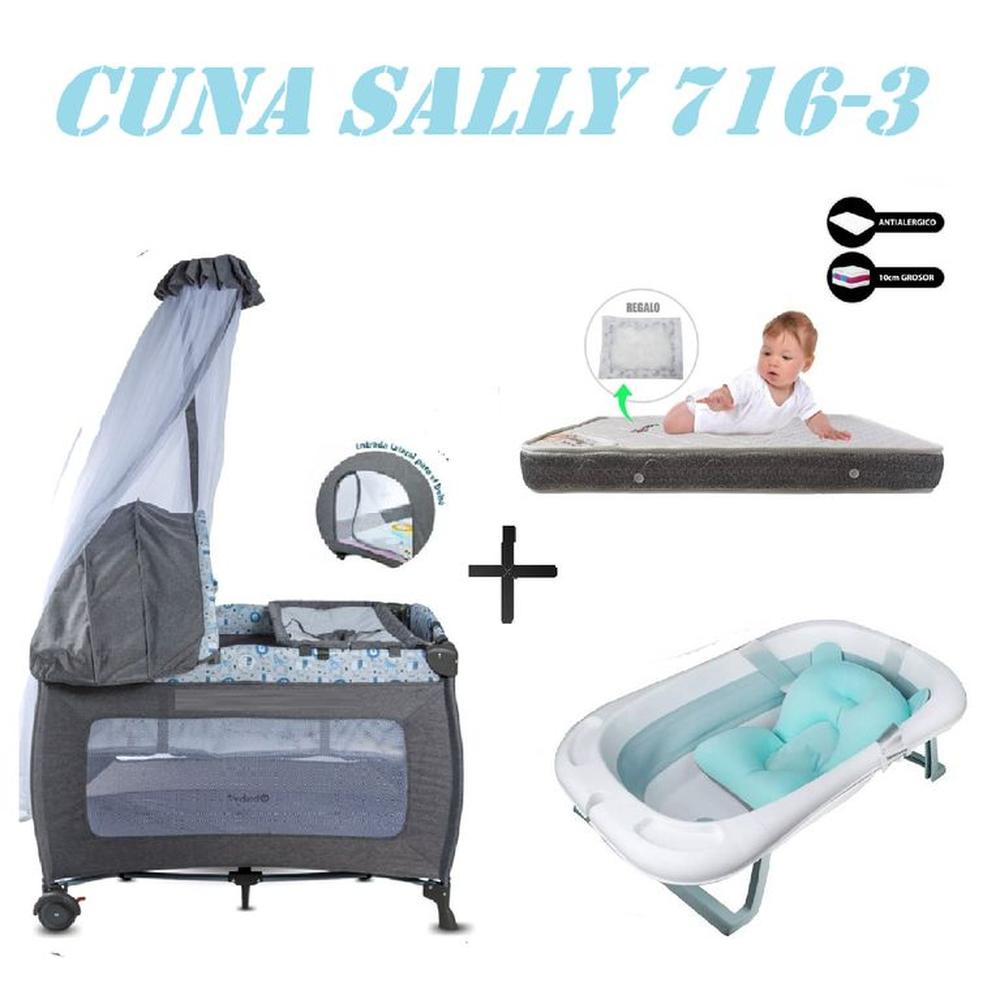 Cuna Ebaby 716-3 Sally Tina Azul Colchon Gris-Gris